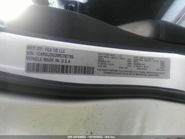 2021 Dodge Durango, VIN: 1C4RDJDG3MC792786