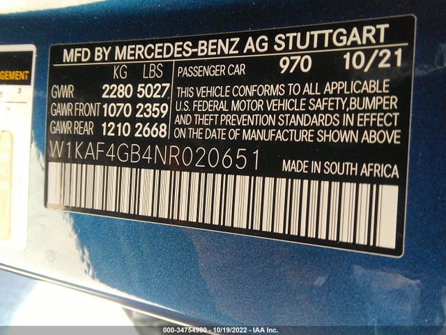 2022 Mercedes-Benz C-Class, VIN: W1KAF4GB4NR020651