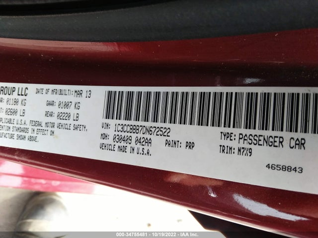 2013 CHRYSLER 200 TOURING VIN: 1C3CCBBB7DN672522