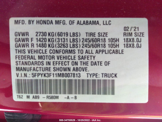 2021 Honda Ridgeline, VIN: 5FPYK3F11MB007813