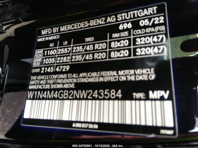 2022 Mercedes-Benz GLB-Class, VIN: W1N4M4GB2NW243584