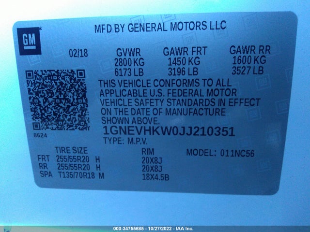 2018 Chevrolet Traverse, VIN: 1GNEVHKW0JJ210351