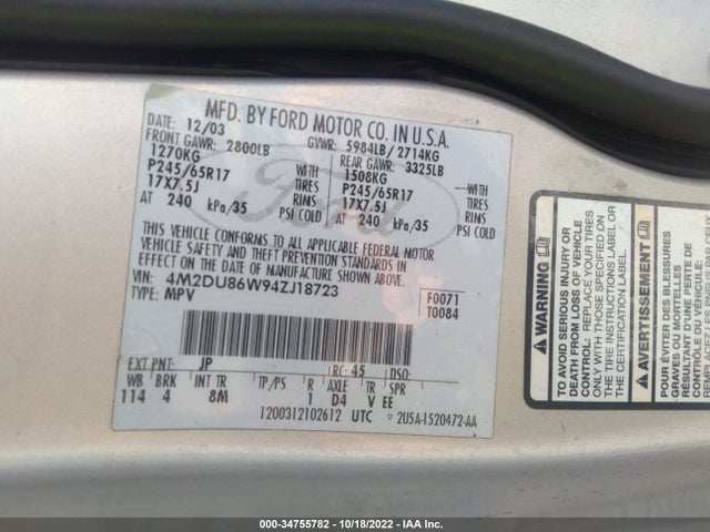 2004 MERCURY MOUNTAINEER W/4.6L VIN: 4M2DU86W94ZJ18723