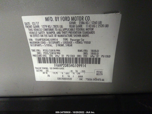 2017 FORD TAURUS SE VIN: 1FAHP2D85HG109914