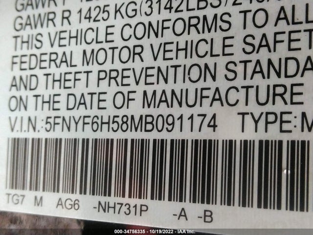 2021 Honda Pilot, VIN: 5FNYF6H58MB091174