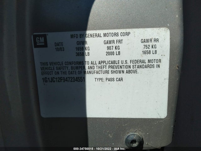 2004 CHEVROLET CAVALIER BASE VIN: 1G1JC12F947234551