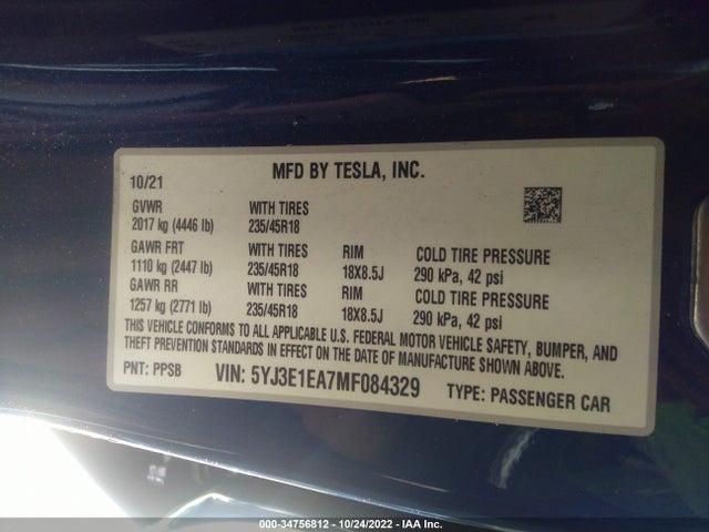 Tesla Model 3 Standard Range Plus 2021 5YJ3E1EA7MF084329 Image 9