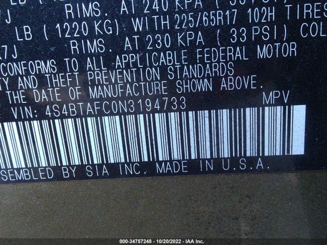 2022 Subaru Outback, VIN: 4S4BTAFC0N3194733