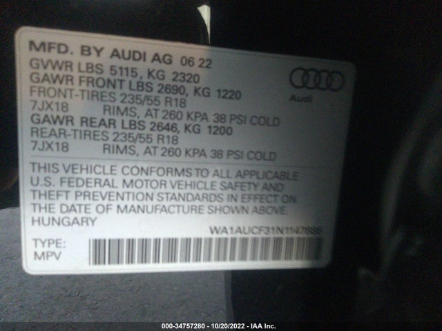 2022 Audi Q3, VIN: WA1AUCF31N1147886