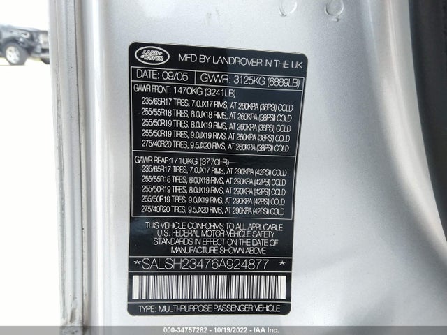 Land Rover RANGE ROVER SPORT 2006 SALSH23476A924877 Image 10