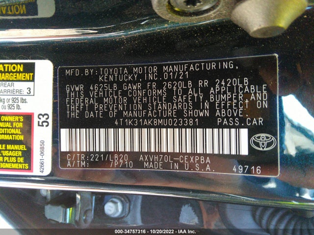 2021 Toyota Camry, VIN: 4T1K31AK8MU023381