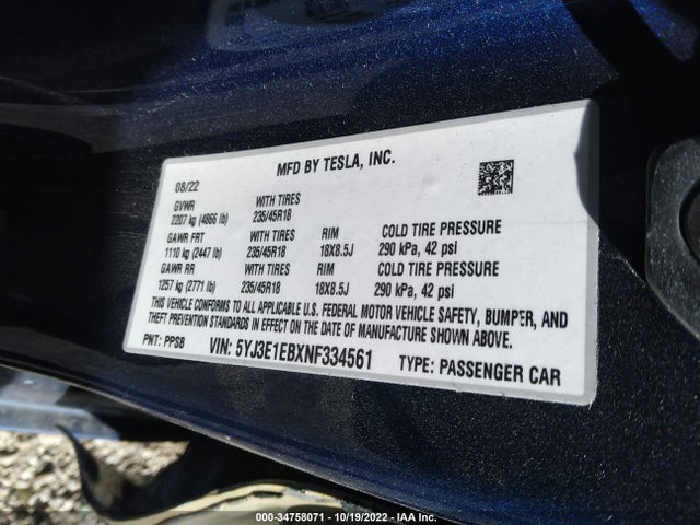Tesla MODEL 3 2022 5YJ3E1EBXNF334561 Image 9