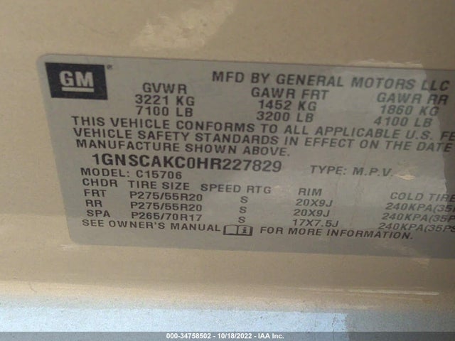 2017 Chevrolet Tahoe, VIN: 1GNSCAKC0HR227829