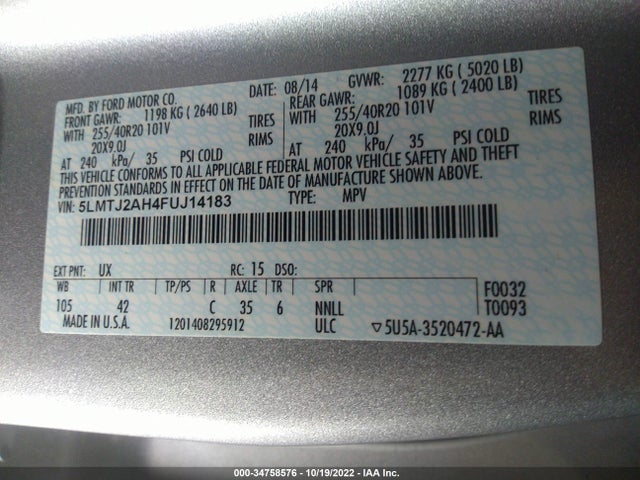 2015 Lincoln MKC, VIN: 5LMTJ2AH4FUJ14183