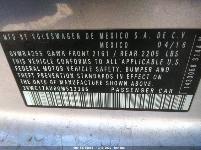 2016 Volkswagen Jetta, VIN: 3VWC17AU8GM522366