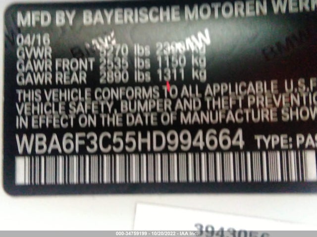2017 BMW 6 Series, VIN: WBA6F3C55HD994664