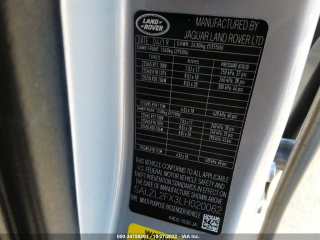 2020 Land Rover Range Rover Evoque, VIN: SALZL2FX3LH020062