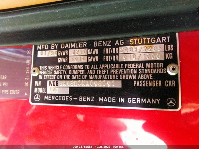1989 MERCEDES-BENZ 560 SL VIN: WDBBA48D0KA098091