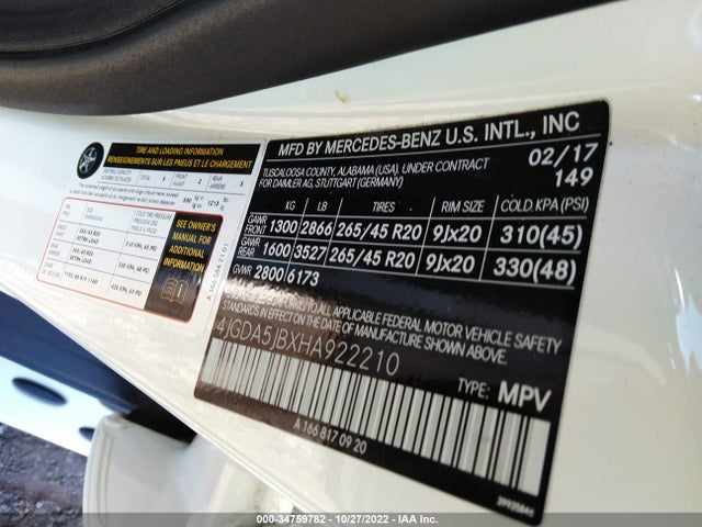 2017 Mercedes-Benz GLE-Class, VIN: 4JGDA5JBXHA922210