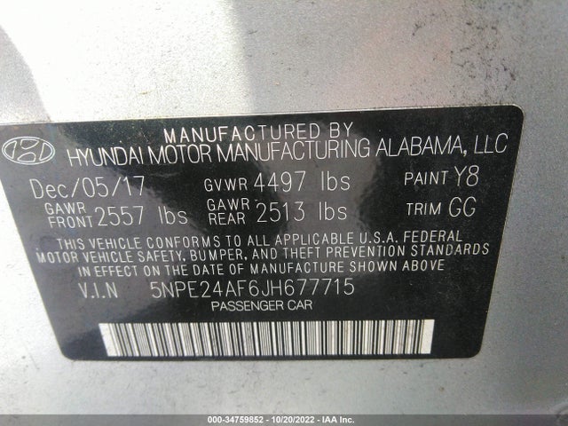 Продажа на аукционе авто 2018 Hyundai Sonata Se, vin: 5NPE24AF6JH677715, номер лота: 34759852