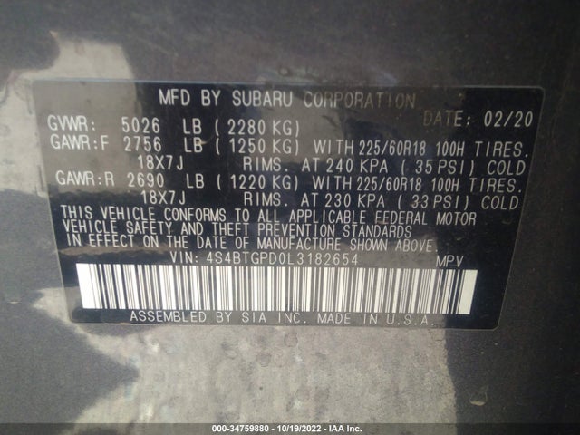 2020 Subaru Outback, VIN: 4S4BTGPD0L3182654