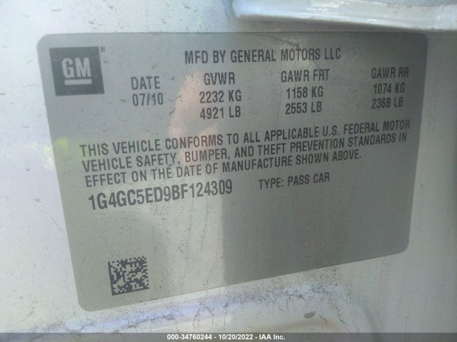 2011 BUICK LACROSSE CXL VIN: 1G4GC5ED9BF124309