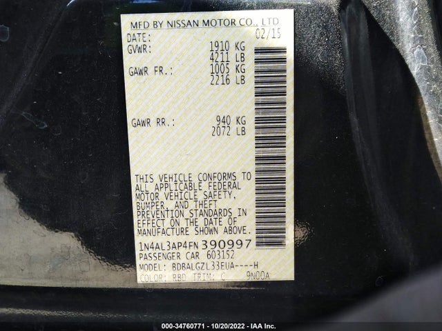 2015 Nissan Altima, VIN: 1N4AL3AP4FN390997
