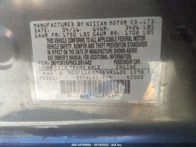 3N1CN7AP9GL891442 Nissan Versa S Plus