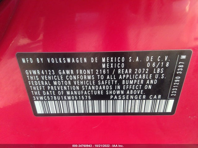 3VWC57BU1KM051575 Volkswagen Jetta S/se/r-line