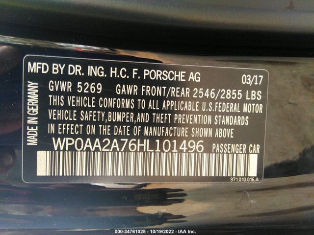 2017 Porsche Panamera, VIN: WP0AA2A76HL101496
