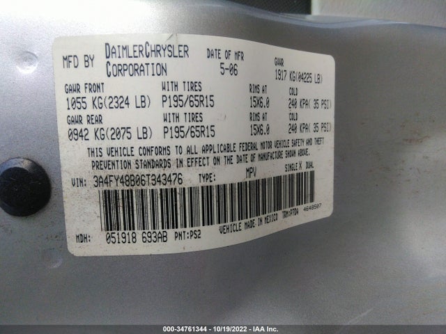 2006 CHRYSLER PT CRUISER VIN: 3A4FY48B06T343476