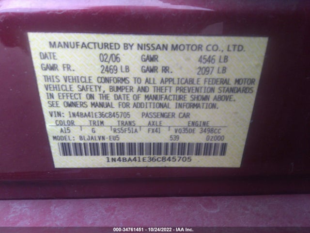 2006 NISSAN MAXIMA 3.5 SE VIN: 1N4BA41E36C845705