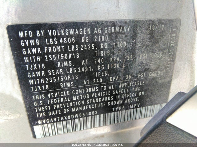 2013 VOLKSWAGEN TIGUAN SE VIN: WVGAV7AX8DW551883
