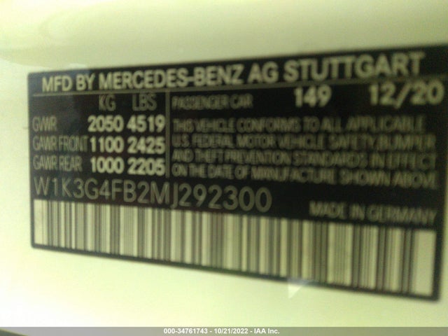 2021 Mercedes-Benz A-Class, VIN: W1K3G4FB2MJ292300