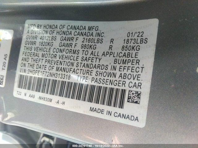 Honda Civic Sedan Ex 2022 2HGFE1F72NH313318 Image 12