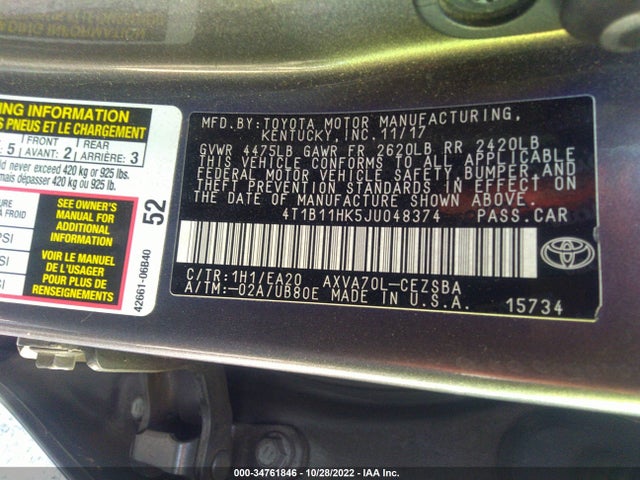 Toyota Camry 2018 4T1B11HK5JU048374 Image 9