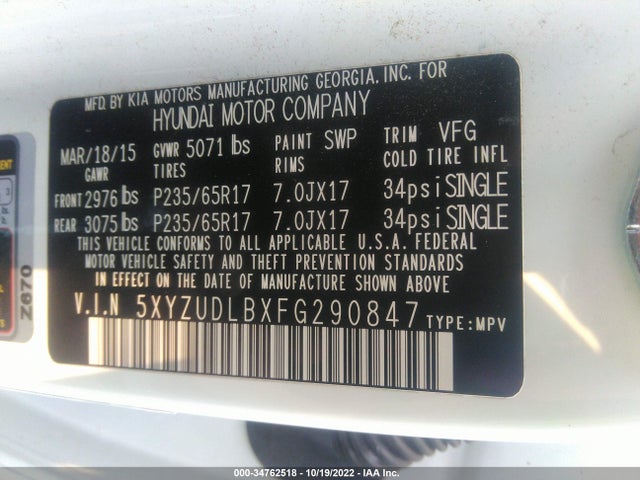 2015 Hyundai Santa Fe, VIN: 5XYZUDLBXFG290847