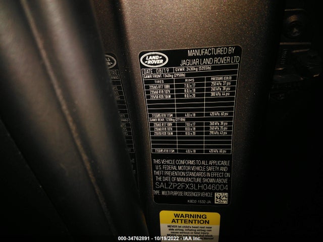 2020 Land Rover Range Rover Evoque, VIN: 00LZP2FX3LH046004