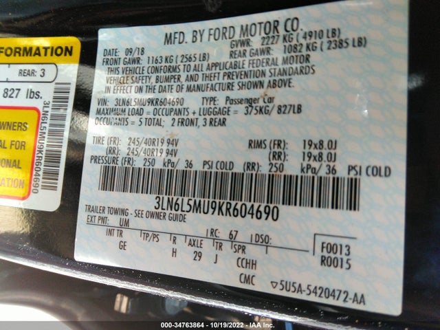 Lincoln MKZ 2019 3LN6L5MU9KR604690 Image 10
