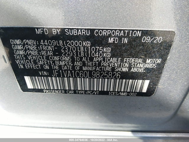 2020 Subaru WRX, VIN: JF1VA1C60L9825826