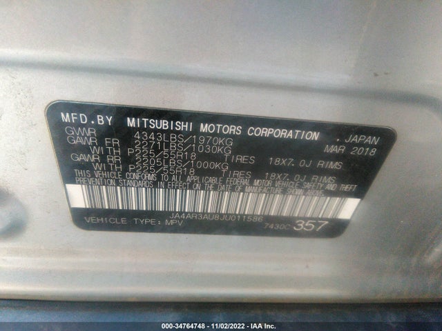 2018 Mitsubishi Outlander, VIN: JA4AR3AU8JU011586