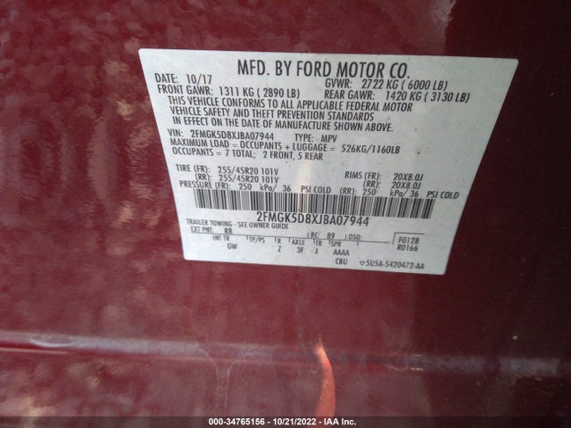 2018 Ford Flex, VIN: 2FMGK5D8XJBA07944