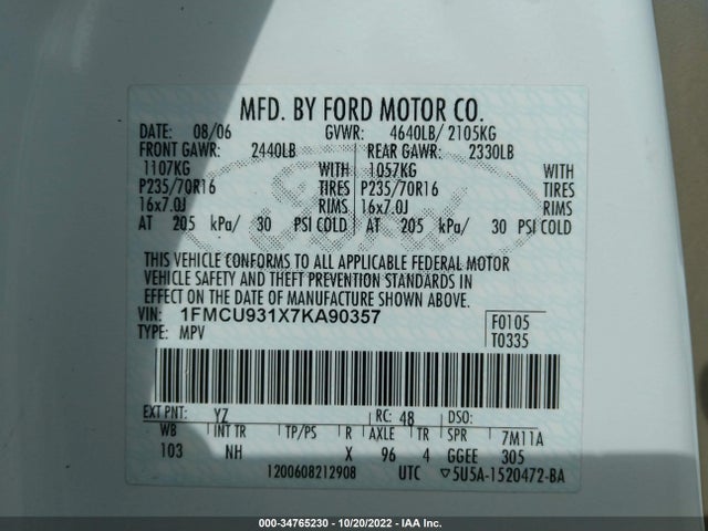 2007 FORD ESCAPE XLT VIN: 1FMCU931X7KA90357