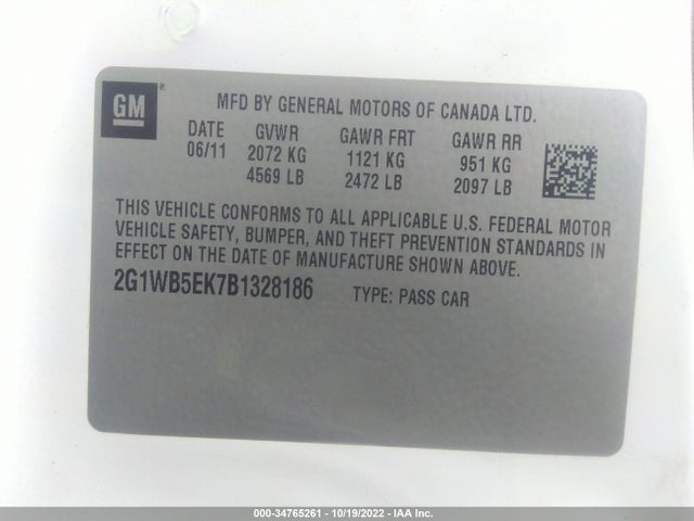 2011 CHEVROLET IMPALA LT RETAIL VIN: 2G1WB5EK7B1328186