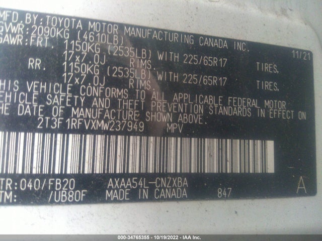 2021 TOYOTA RAV4 LE VIN: 2T3F1RFVXMW237949