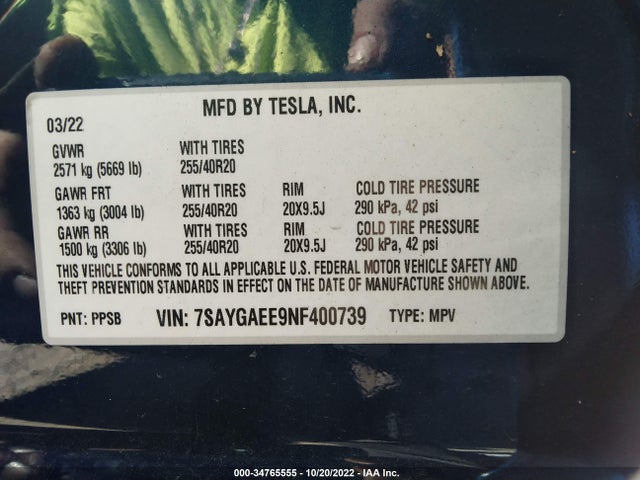 Tesla Model Y Long Range 2022 7SAYGAEE9NF400739 Image 9