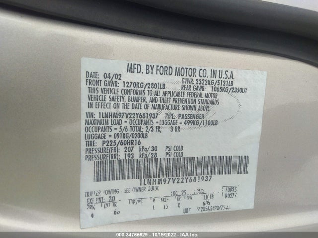 Lincoln Continental Base/w 2002 1LNHM97V22Y681937 Image 10