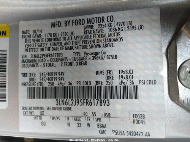 3LN6L2J95FR617893 Lincoln MKZ