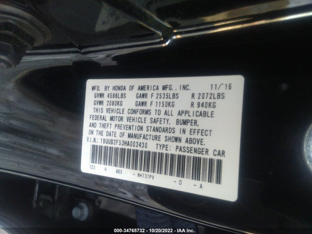 2017 Acura TLX, VIN: 19UUB2F53HA003430