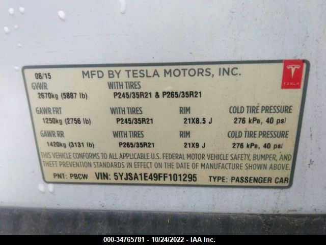 Tesla Model S P90d 2015 5YJSA1E49FF101295 Image 10